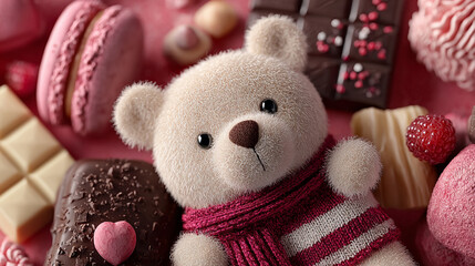 Teddy Bear with Sweets: A cute fluffy teddy bear wearing a cozy striped scarf is nestled amongst an assortment of delicious-looking chocolates, macarons, and other sweets.