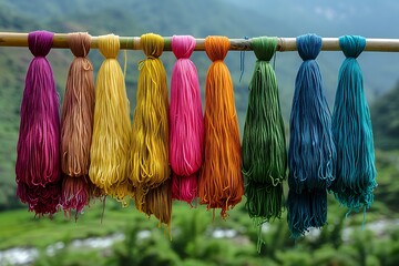 Dyed thread skeins drying on bamboo pole high resolution picture