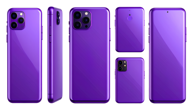 Purple Vector Pro Smartphone Mockup All Angles, 3D Realistic Illustration Transparent Background PNG