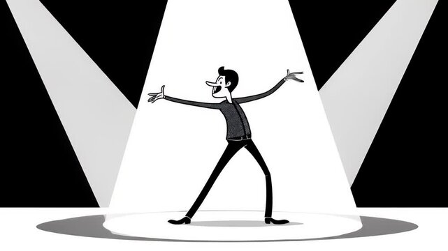 Animated Singing Stickman Expressing Happiness On Dark Background Stage in Spotlight Performing with Microphone During Musical Concert and Stage Show