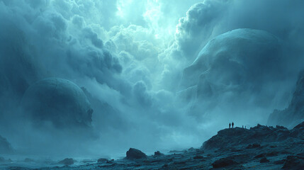 Atmospheric Vista: A vast panorama unfolds, revealing a dramatic skyscape filled with swirling clouds and a breathtaking vista, enhanced with touches of teal and blue.