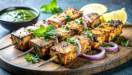 Close Up of Grilled Paneer Tikka Skewers with Mint Chutney and Lemon