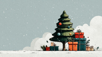 Christmas Cheer: A beautifully decorated Christmas tree, laden with ornaments, stands proudly amidst a flurry of snowflakes, surrounded by festive gifts. a scene of joyful anticipation.