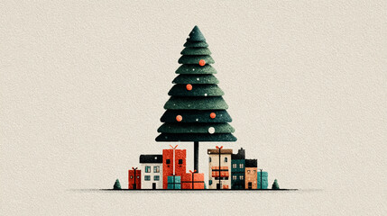Christmas Cheer: A vibrant illustration of a decorated evergreen tree and festive gift boxes evoke the joy of the holiday season. Symbolizing the warmth and traditions of yuletide gatherings.
