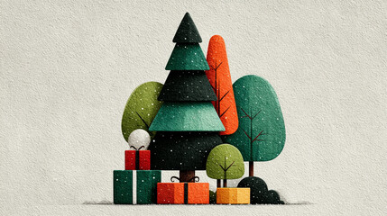 Christmas Forest: A festive illustration of Christmas trees and gift boxes creates a joyful atmosphere, ideal for holiday celebrations and winter scenes. 