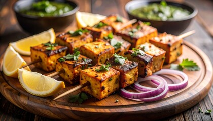 Grilled Indian Paneer Tikka with Chutney and Onion Rings Close View