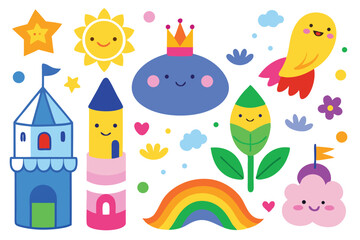 Playful Cartoon Clipart Set with Smiling Sun, Castles, Rainbow and Cute Animals