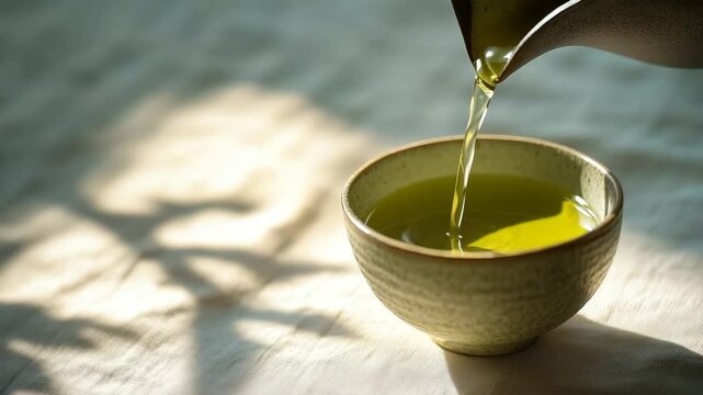 Closeup green tea being poured from a ceramic teapot into a traditional tea cup