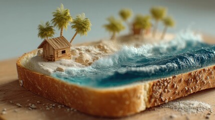 Surreal tropical island on slice of bread, fantasy food landscape with ocean waves, palm trees and wooden hut
