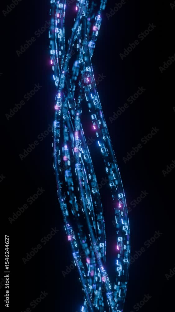 Poster Vertical Seamless loop. Glowing Digital Data Cables with Flowing Binary Code Representing High-Speed Internet, Connectivity, and Futuristic Network Infrastructure. Technology background