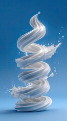 Spiraling white liquid splash on blue background, abstract dairy or cream swirl