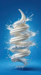 Spiraling white liquid splash on blue background, abstract dairy or cream swirl