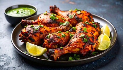 Tandoori Chicken Leg Pieces on Sizzling Plate with Mint Chutney and Lemon