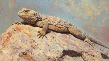 Naklejka premium Common chuckwalla basking on a bright rocky outcrop in the desert, its textured skin matching the sunlit stone surface 