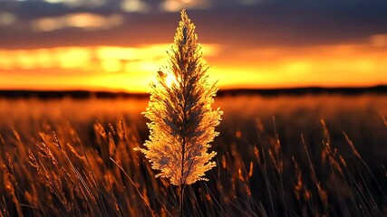 Golden hour: grass seed head silhouette against a vibrant sunset landscape background - Powered by Adobe