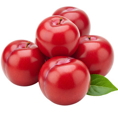Whole Ripe Plums with Green Leaf, Isolated on White or Transparent Background