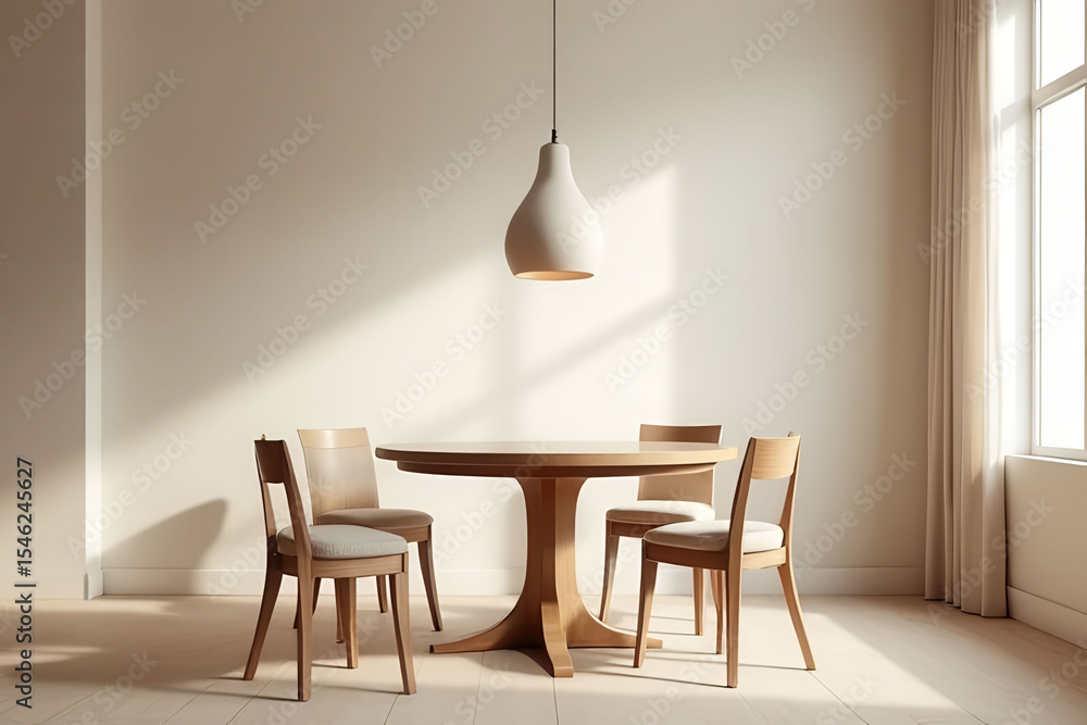 Poster a table with four chairs around it and a lamp hanging above it. the room is empty and has a clean, m