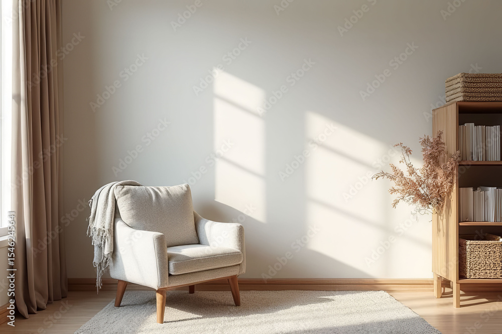 Poster a white chair is sitting in a room with a window and a bookshelf. the room is empty and has a minima