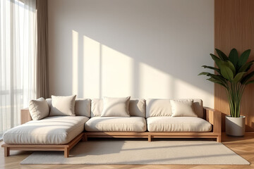 A living room with a white couch and a potted plant. The couch is a sectional and the plant is a palm tree. The room is bright and airy, with a lot of natural light coming in through the windows