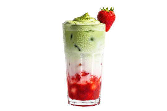 layered strawberry matcha latte with cream and strawberry garnish