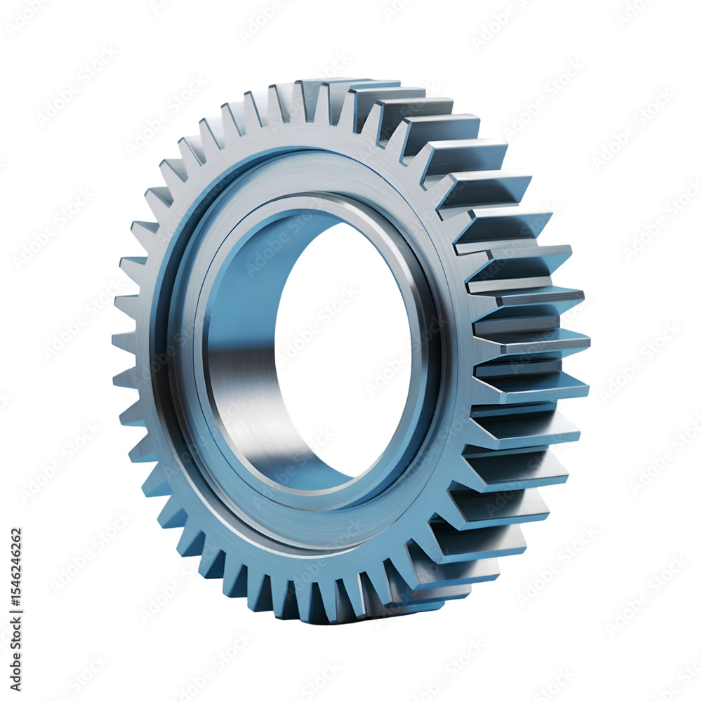 Poster detailed 3 d render of a large metallic gear with a central bore isolated on a transparent backgroun