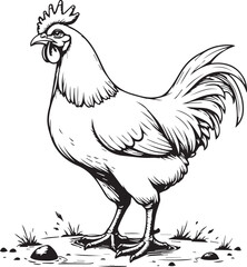 Rooster Line Art: A detailed line drawing of a rooster, showcasing its vibrant plumage and proud stance.  The illustration captures the essence of a barnyard bird.