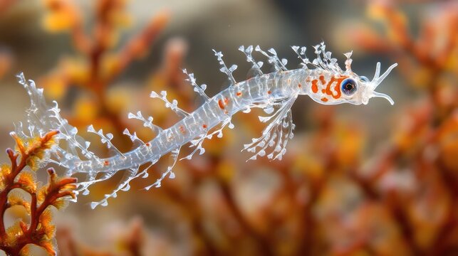 Ghost pipefish hovering vertically among bright coral branches, its body shape and coloration mirroring the sunlit marine growth 