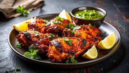 Sizzling Tandoori Chicken Served with Green Chutney and Lemon Slices