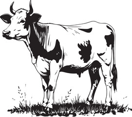 Holstein Cow Silhouette in Pasture: A striking silhouette of a Holstein cow stands in a grassy pasture, showcasing the distinctive black and white markings of the breed.