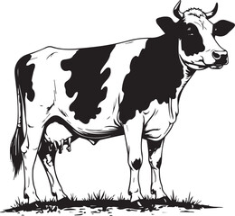 Cow in Pasture: A detailed, illustrative view of a cow standing in a pasture, evoking a sense of tranquility, featuring a black and white aesthetic and pastoral life.