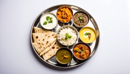 Traditional Indian Meal Served on Round Steel Plate Top Down View