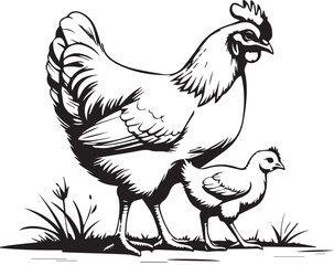 Hen and Chick: A hen protectively stands beside her chick in a simple yet evocative line art illustration.