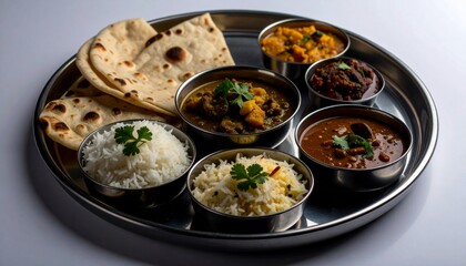Indian Thali with Rice Roti Sabzi and Dessert on White Background