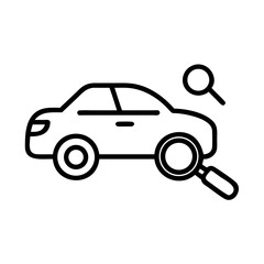 Car search icon with magnifying glass in simple line style  
