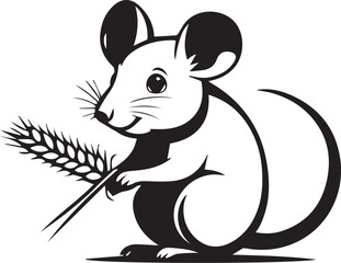 Mouse holding Wheat in Hand: A cute mouse with a captivating smile delicately holds a single wheat, presenting a charming illustration of nature's bounty in a monochrome aesthetic.