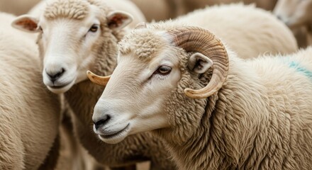 Fototapeta premium Close-up of a sheep with prominent horns.