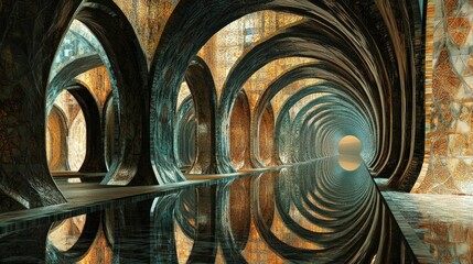 Serene futuristic tunnel, water reflects arches.