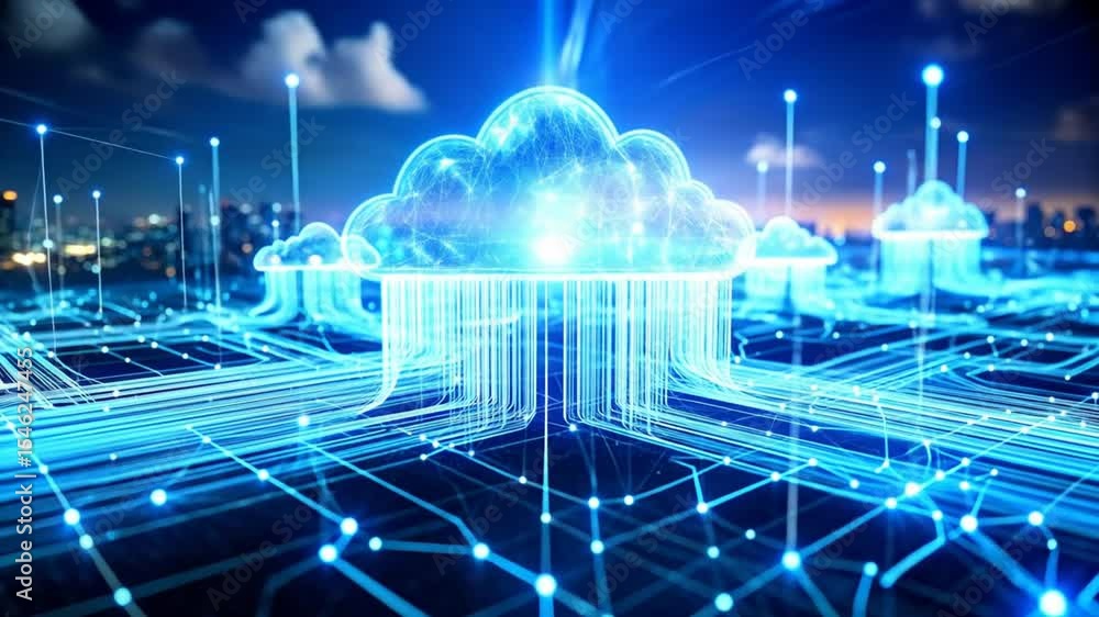 Aufkleber futuristic cloud computing network: data flow and cityscape visualization
