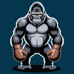 Anthropomorphic gorilla in boxing gloves on dark contrast background. Vector illustration of mascot character for use in sports schools, clubs