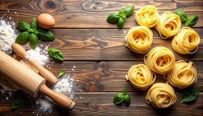 Top View of Tagliatelle with Eggs Flour Basil and Rolling Pin