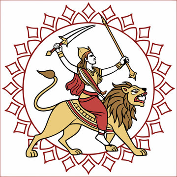 Pattachitra Durga Riding Lion Gold Red Maroon White Background Folk Art Style Goddess Warrior vector