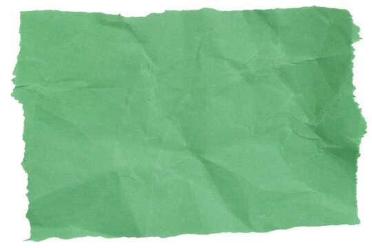 Green construction paper ripped and crumpled rectangle isolated on white