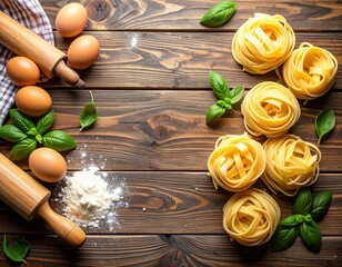 Rustic Table Scene with Fresh Tagliatelle Eggs Basil and Rolling Pin