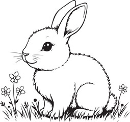 Cottontail Rabbit in a Meadow: A charming line drawing of a cuddly cottontail rabbit, nestled in a meadow, with soft details and inviting character, perfect for coloring pages or illustrations.