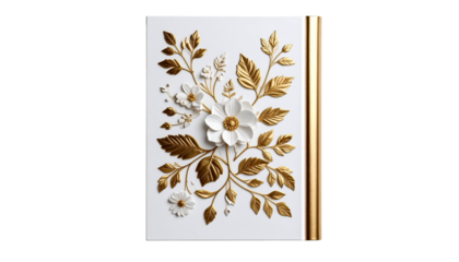 beautiful book cover with white flower and gold foil isolated on transparent background