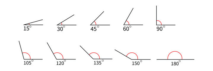 Angle collection. Mathematic 30, 45, 60, 90, 120, 135 corners degree set. Vector isolated on white .   EPS 10 . 