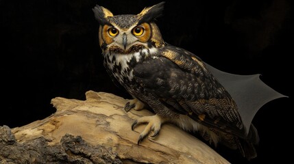 Obraz premium A photo of an owl with the head and beak of a bat, perched on top of a tree log