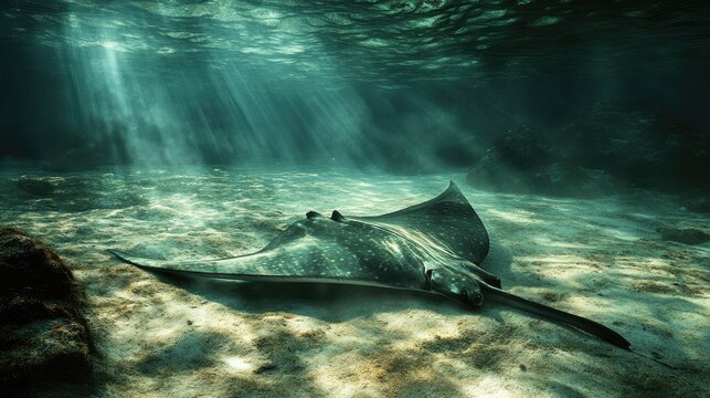 Giant devil ray gliding along the sunlit ocean floor, its coloring blending with deep shadows and shifting surface light