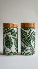 Fototapeta premium Elegant Tropical Leaf Patterned Jars with Wooden Lids Perfect for Kitchen Storage Organization