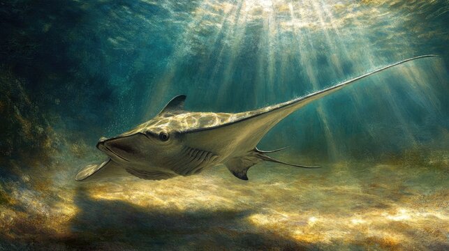 Giant devil ray gliding along the sunlit ocean floor, its coloring blending with deep shadows and shifting surface light -